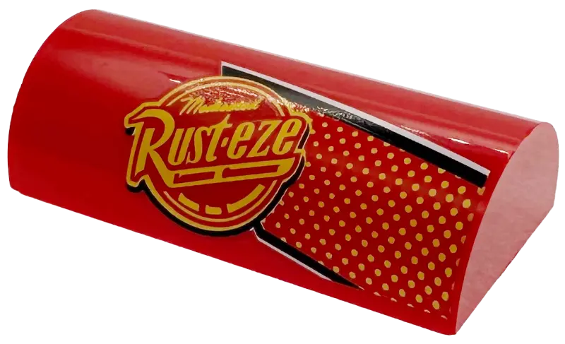 Slope, Curved 2 x 4 Double with Groove with Bright Light Orange 'Rust-eze' Logo, Dots and Black and 