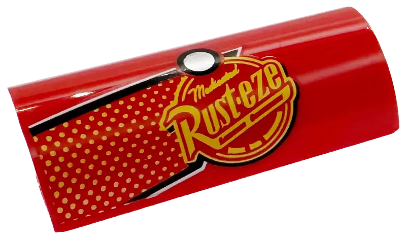 Slope, Curved 2 x 4 Double with Groove with Bright Light Orange 'Rust-eze' Logo, Dots, Black and Whi