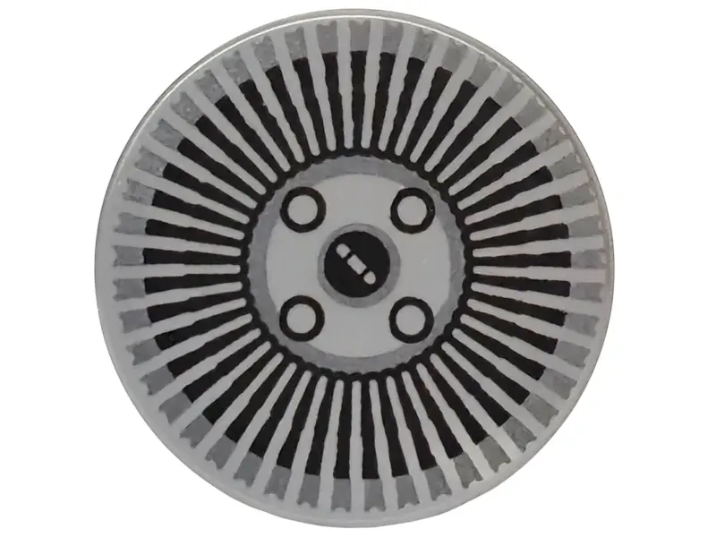 Silver Tile, Round 2 x 2 with Bottom Stud Holder with Hubcap with Black Radial Stripes and Wheel Bol