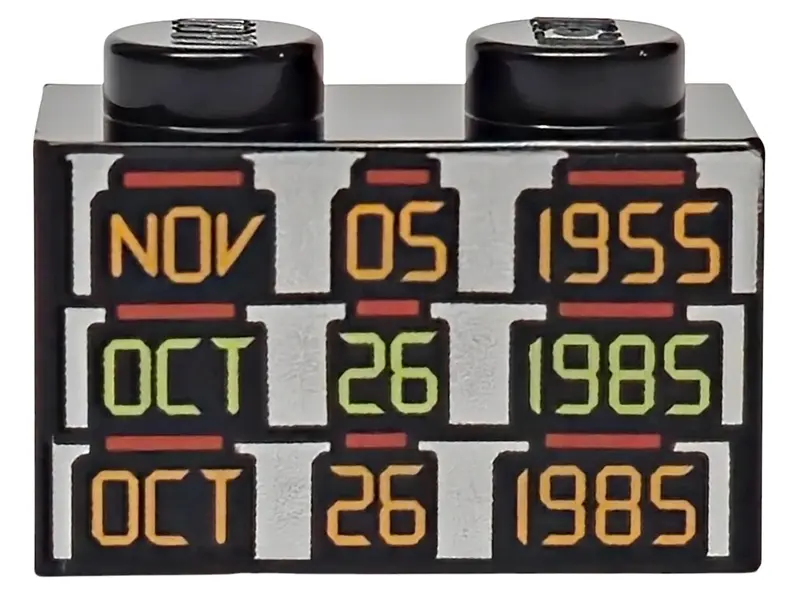 Brick 1 x 2 with Orange and Yellowish Green 'NOV 05 1955', 'OCT 26 1985' and 'OCT 26 1985' on Silver