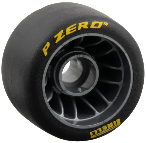 Silver Wheel 24 x 14.9 with Pin Hole with Molded Black Hard Rubber Tire and Printed Yellow 'PIRELLI'