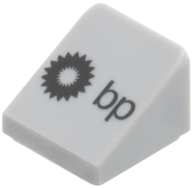 Bluish Gray Slope 30 1 x 1 x 2/3 with Black Helios and 'bp' Logo Pattern