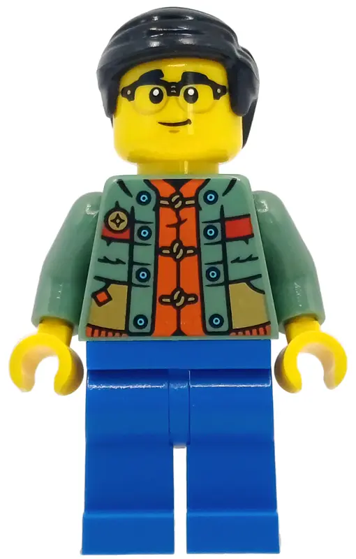- Sand Green Sweater over Reddish Orange Tang Jacket, Blue Legs, Black Smooth Hair