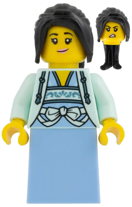 - Light Aqua Vest, Black Hair, Bright Light Blue Skirt