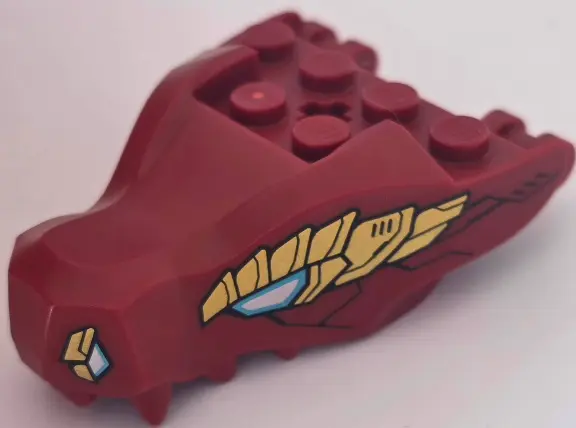 Dark Red Dragon Head (Ninjago) Jaw with 2 Bar Handles on Back with Medium Azure and White Eyes, Gold