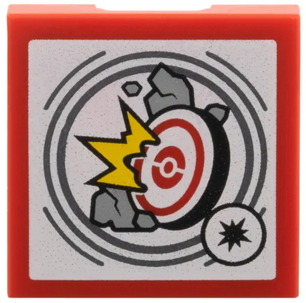 Red SMART Tag Tile 2 x 2 with Red Target, Light Bluish Gray Rocks, Yellow Energy Pattern