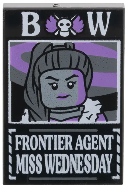 Black Tile 2 x 3 with Dossier with White 'BW Frontier Agent Miss Wednesday' Pattern