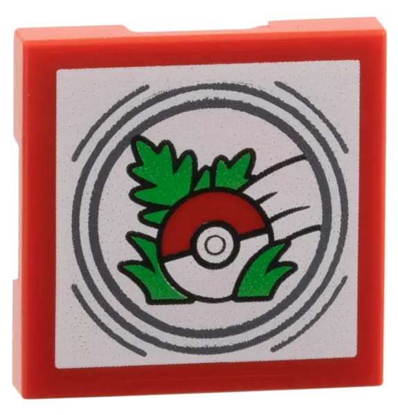 Red SMART Tag Tile 2 x 2 with Red Pokeball, Green Plants Pattern