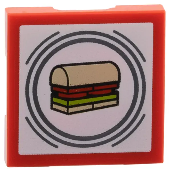 Red SMART Tag Tile 2 x 2 with Silver Circles, Tan, Red, and Lime Sandwich Pattern