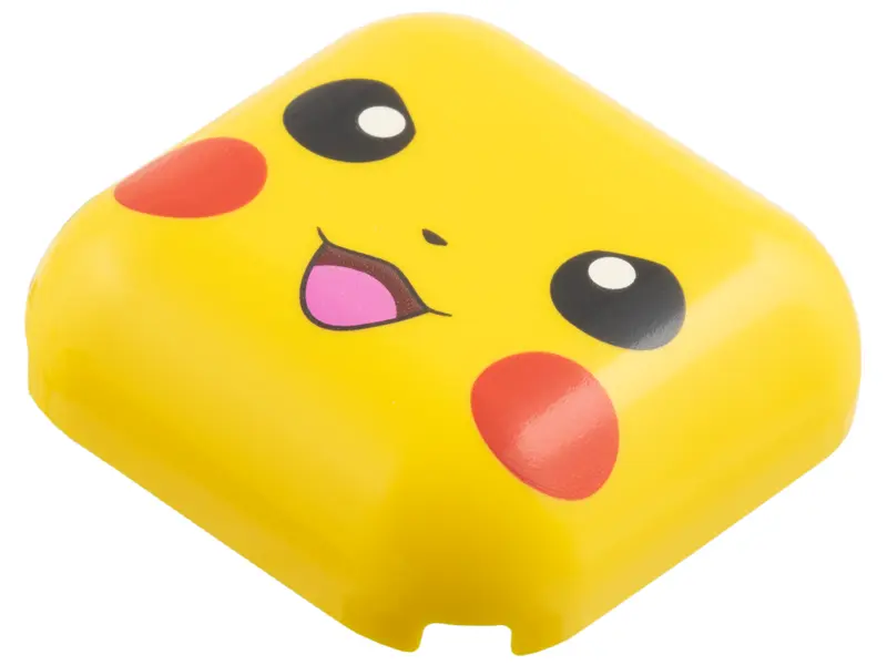 Yellow Brick, Round 4 x 4 without Studs with Pikachu Face, Black Eyes, Red Cheek Spots, Dark Red Mou
