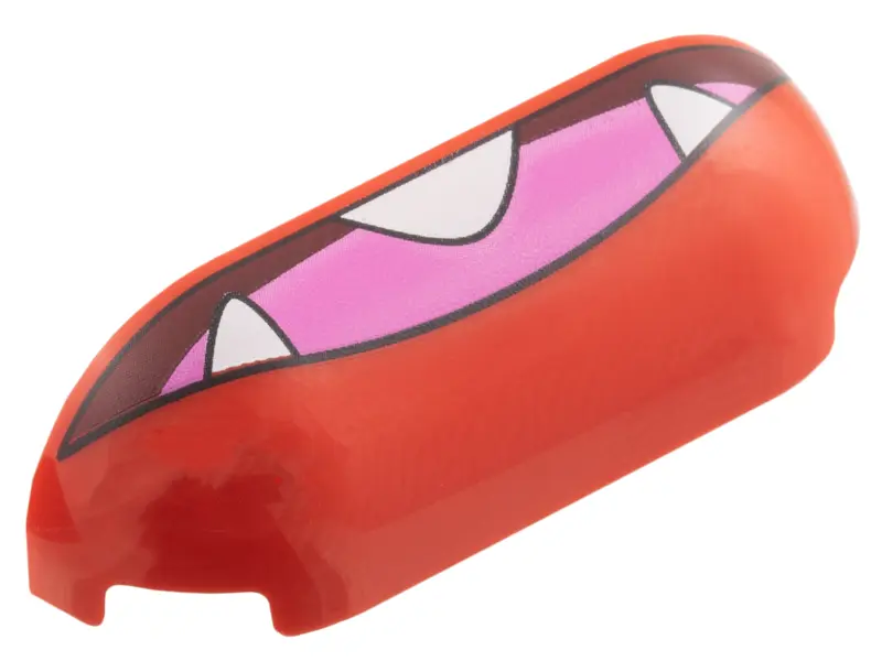 Red Slope, Curved 1 x 4 with Rounded Ends with Dark Red Mouth, Dark Pink Tongue, White Teeth Pattern