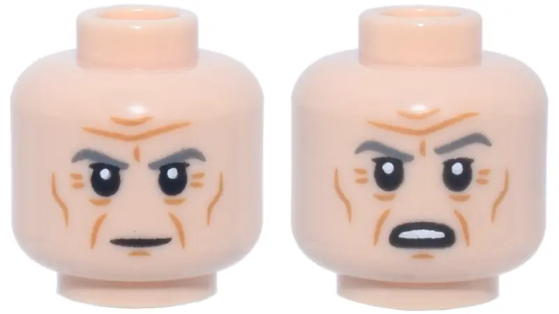 Light Nougat Minifigure, Head Dual Sided Dark Bluish Gray Eyebrows, Dark Orange Wrinkles, Stern / Op