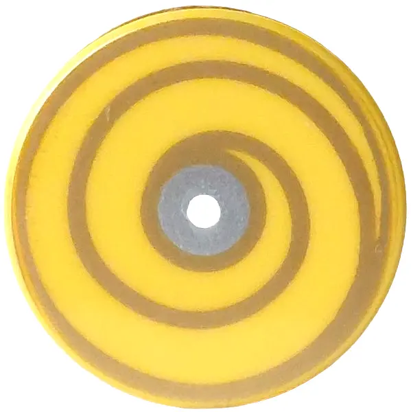 Yellow Tile, Round 2 x 2 with Bottom Stud Holder with Gold Spiral Swirl and Silver Circle with White