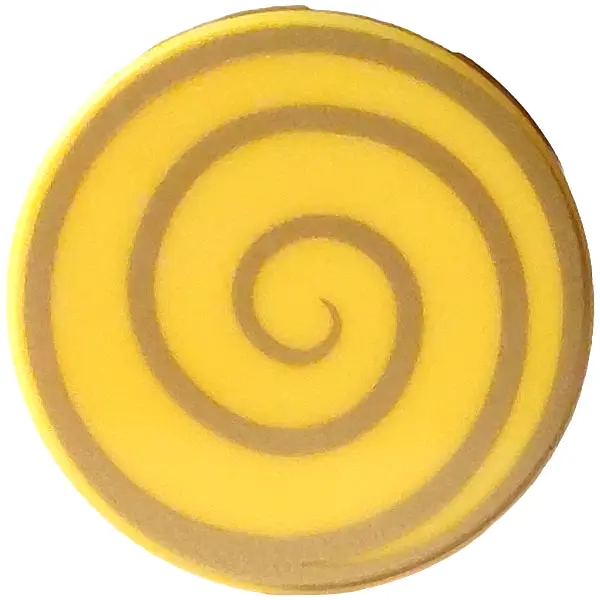 Yellow Tile, Round 2 x 2 with Bottom Stud Holder with Gold Spiral Swirl Pattern