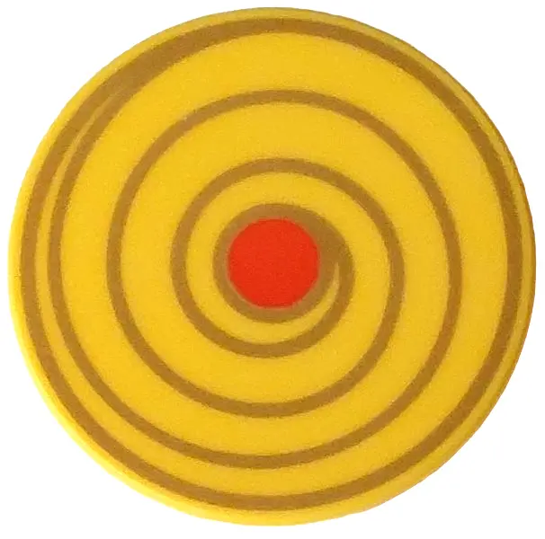 Yellow Tile, Round 3 x 3 with Gold Spiral Swirl and Reddish Orange Center Circle Pattern