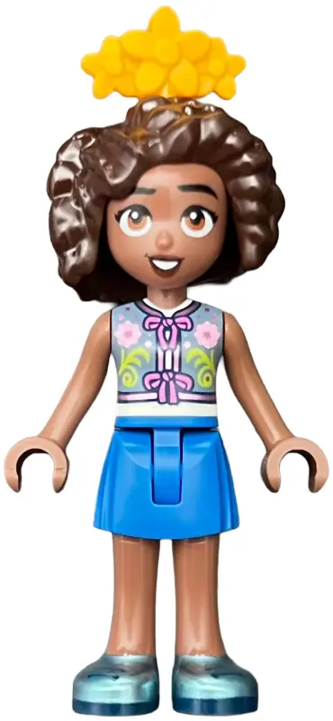 Friends Aliya - Sand Blue Vest, Blue Skirt, Metallic Light Blue Shoes, Bright Light Orange Flower Ti