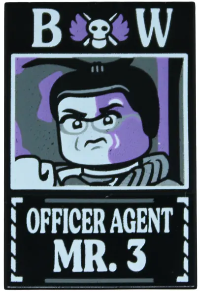 Black Tile 2 x 3 with Dossier with White 'BW Officer Agent Mr. 3' Pattern