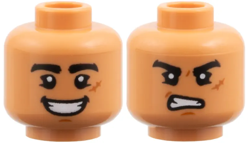 Nougat Minifigure, Head Dual Sided Black Eyebrows, Dark Orange Scar and Chin Dimple, Open Mouth Smil