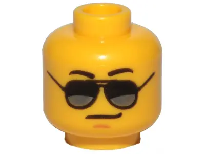 Yellow Minifigure, Head Glasses with Black and Silver Sunglasses, Medium Nougat Chin Dimple, Smirk P