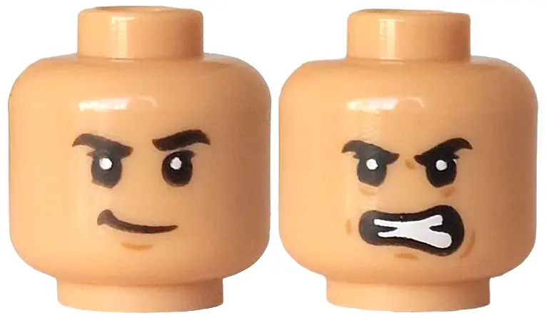 Medium Tan Minifigure, Head Dual Sided Black Eyebrows, Medium Nougat Chin Dimple, Lopsided Grin / Wr