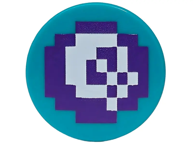 Dark Turquoise Tile, Round 2 x 2 with Bottom Stud Holder with Pixelated White Skull on Dark Purple B