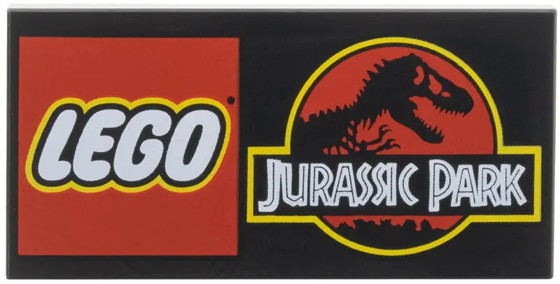 Black Tile 2 x 4 with LEGO Jurassic Park Logo with White Font Pattern