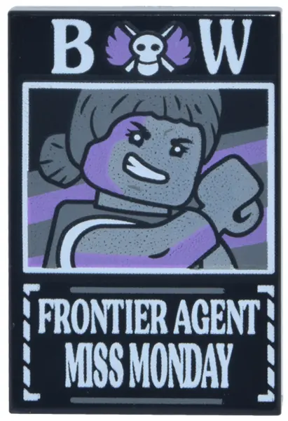 Black Tile 2 x 3 with Dossier with White 'BW Frontier Agent Miss Monday' Pattern