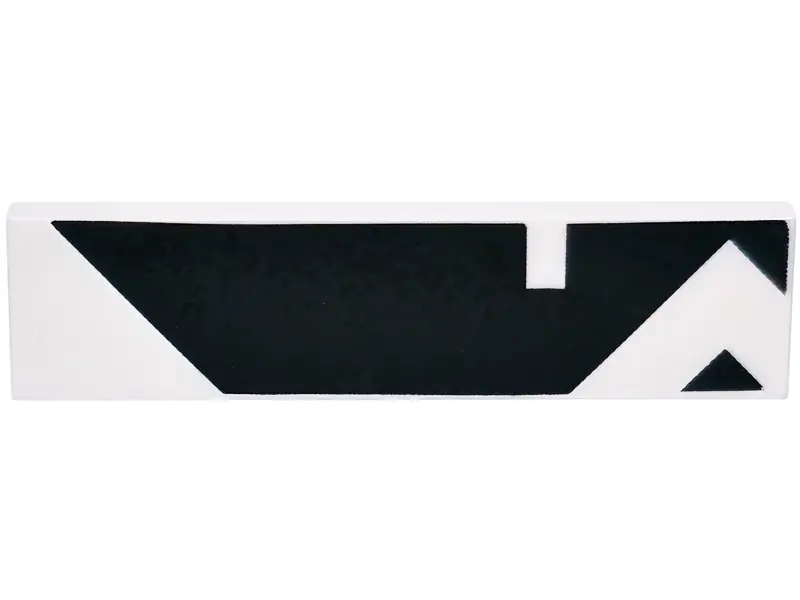 White Tile 1 x 4 with Black Triangle and Geometric Shape with Side Notch Pattern