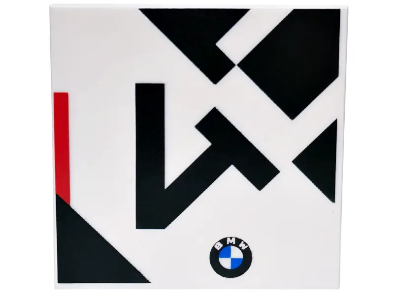 White Tile 4 x 4 with Black and Red Stripes and Triangle, Number 4 and BMW Logo Pattern