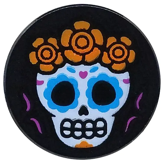 Black Tile, Round 2 x 2 with Bottom Stud Holder with White Skull with Dark Azure Eyes, Orange Flower