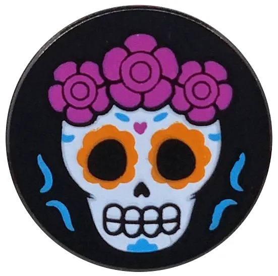 Black Tile, Round 2 x 2 with Bottom Stud Holder with White Skull with Orange Eyes, Magenta Flowers P