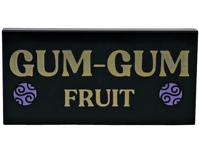 Black Tile 2 x 4 with Gold and Blue Violet 'GUM-GUM FRUIT' Pattern