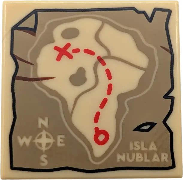 Tan Tile 2 x 2 with Map of 'ISLA NUBLAR' with Compass Rose and Red Dotted Line Pattern