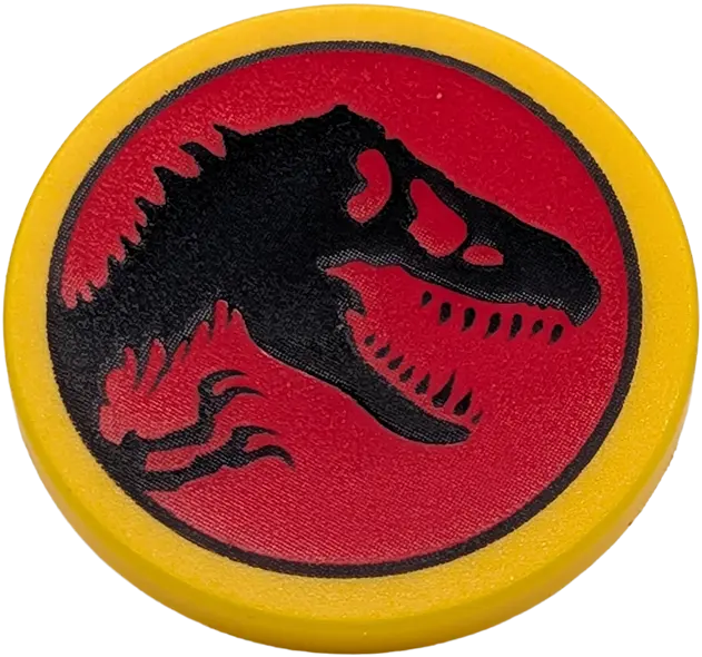 Yellow Road Sign 2 x 2 Round with Clip with Black Dinosaur on Red Background (Jurassic Park Logo) Pa