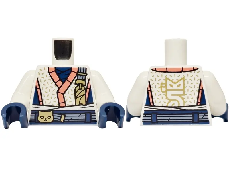 White Torso Robe with Coral Hems, Dark Blue Panels, Gold Cat Head on Sand Blue Belt Pattern / White 