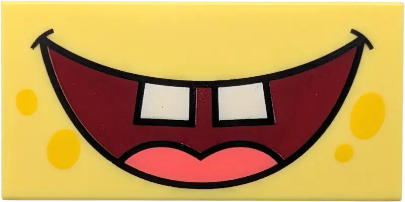 Bright Light Yellow Tile 2 x 4 with Yellow Ovals, Dark Red Open Mouth Smile with White Teeth and Cor