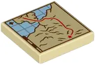 Tan Tile 2 x 2 with Map with Red Path Line and Destination Star, Reddish Brown Contours and Compass 