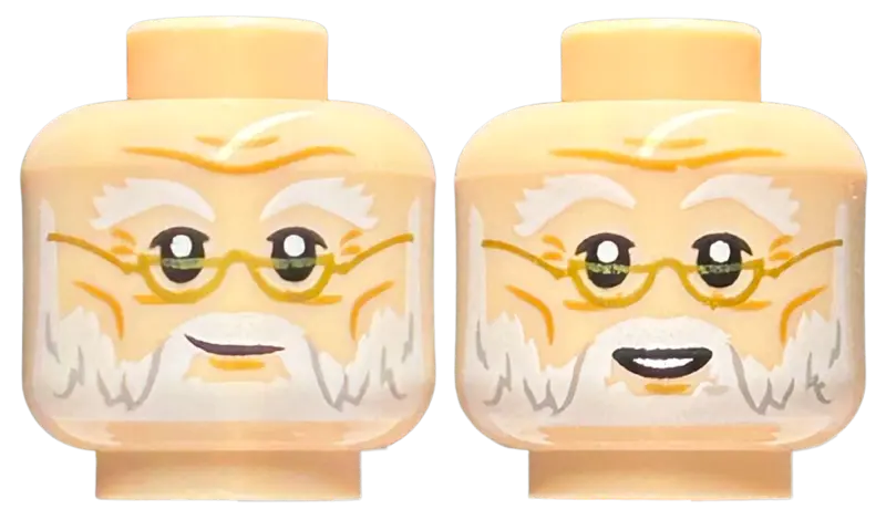 Light Nougat Minifigure, Head Dual Sided White Bushy Eyebrows and Beard, Gold Glasses, Grin / Smile 