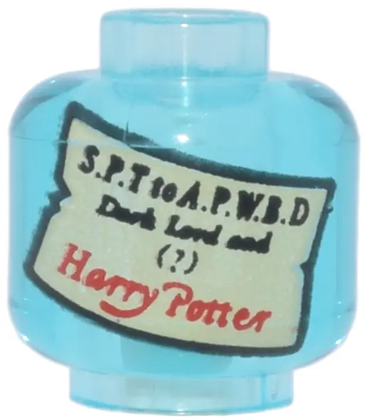 Trans-Light Blue Minifigure, Head without Face with Tan Label and Black 'S.P.T to A.P.W.B.D' and 'Da