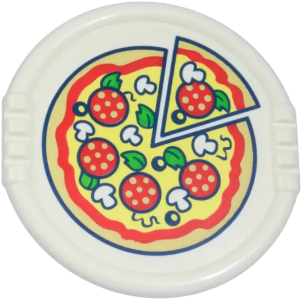 White Duplo Utensil Disk with Pizza with Bright Light Yellow Cheese, Red Tomato Sauce and Slices, Ta