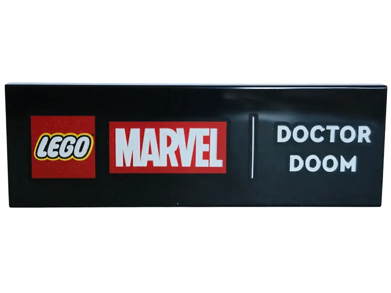 Black Tile 2 x 6 with LEGO Marvel Logo and White 'DOCTOR DOOM' Pattern