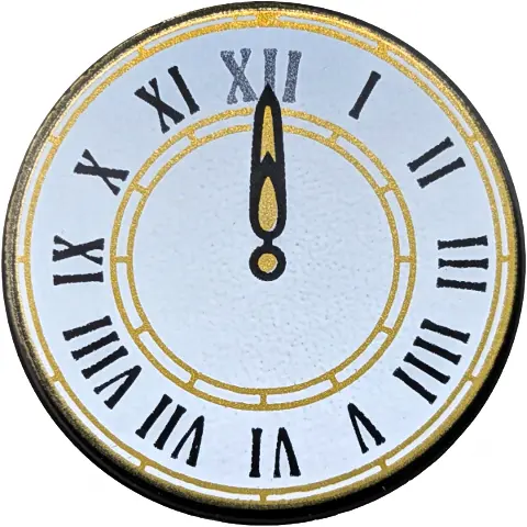 Black Tile, Round 2 x 2 with Bottom Stud Holder with White Clock Face with Gold Hand and Circles, Bl