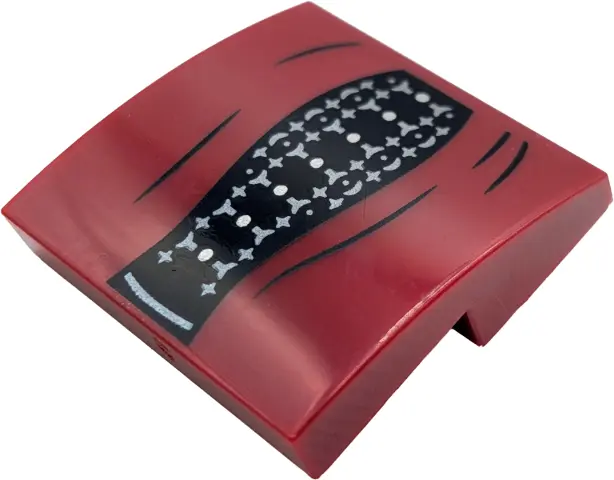 Dark Red Slope, Curved 2 x 2 x 2/3 with Coat Ends with Folds over Black Dress with Silver Buttons an