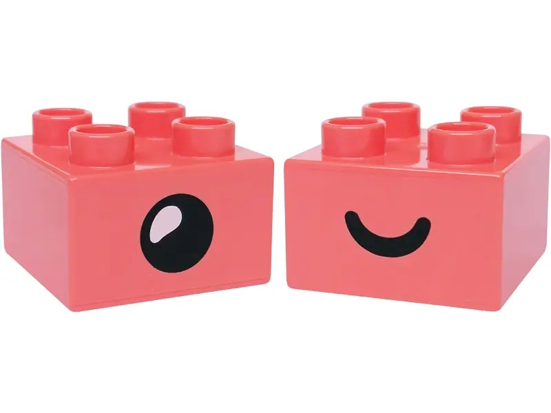 Coral Duplo, Brick 2 x 2 with Black Eye Open / Closed Pattern on Opposite Sides