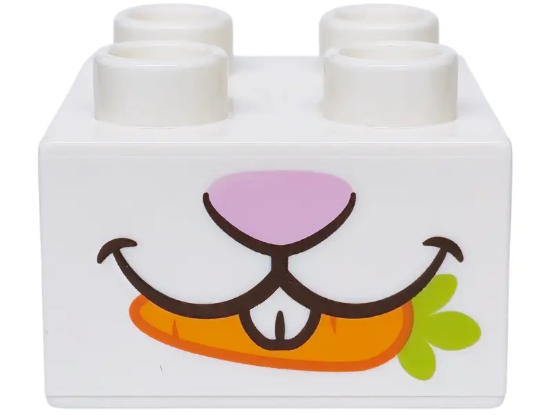 White Duplo, Brick 2 x 2 with Rabbit Mouth and Teeth, Bright Pink Nose, Orange and Lime Carrot Patte