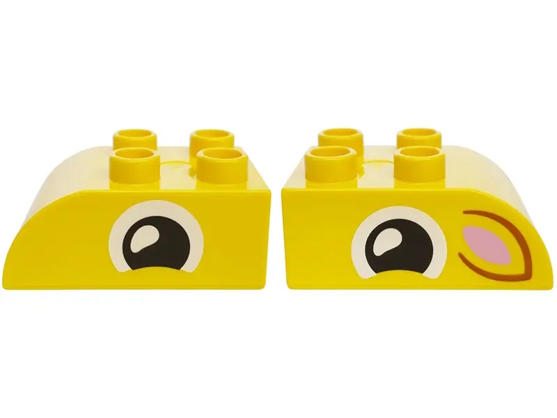 Yellow Duplo, Brick 2 x 3 Slope Curved with Black and White Eye, Dark Orange Ear with Bright Pink Au