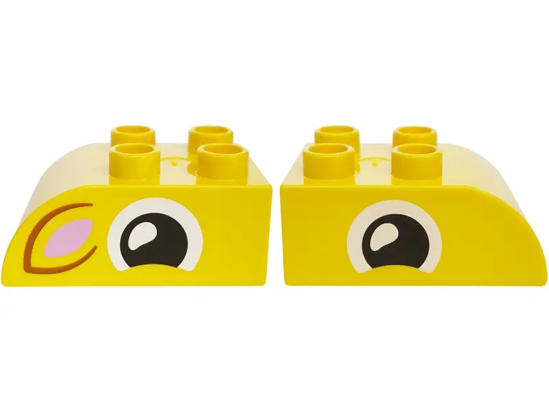 Yellow Duplo, Brick 2 x 3 Slope Curved with Black and White Eye, Dark Orange Ear with Bright Pink Au