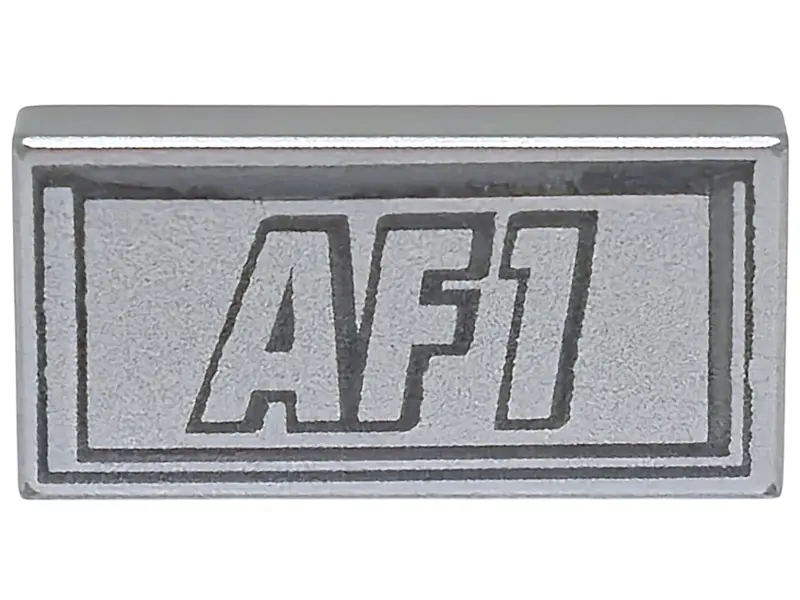 Metallic Silver Tile 1 x 2 with Dark Silver Outlined 'AF1' and Border Pattern