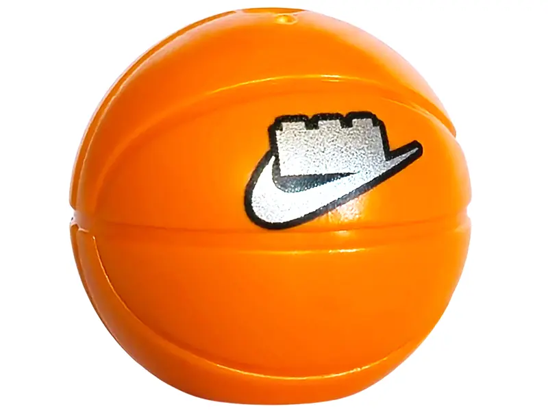 Orange Minifigure, Head, Modified Sports Ball with Hole on Top (Basketball) with Silver Nike Swoosh 