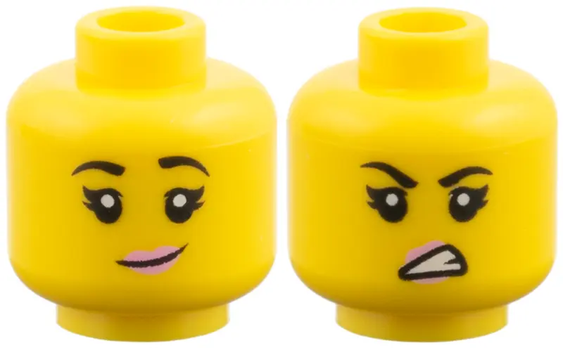 Yellow Minifigure, Head Dual Sided Female Black Eyebrows, Bright Pink Lips, Lopsided Grin / Sneer Pa